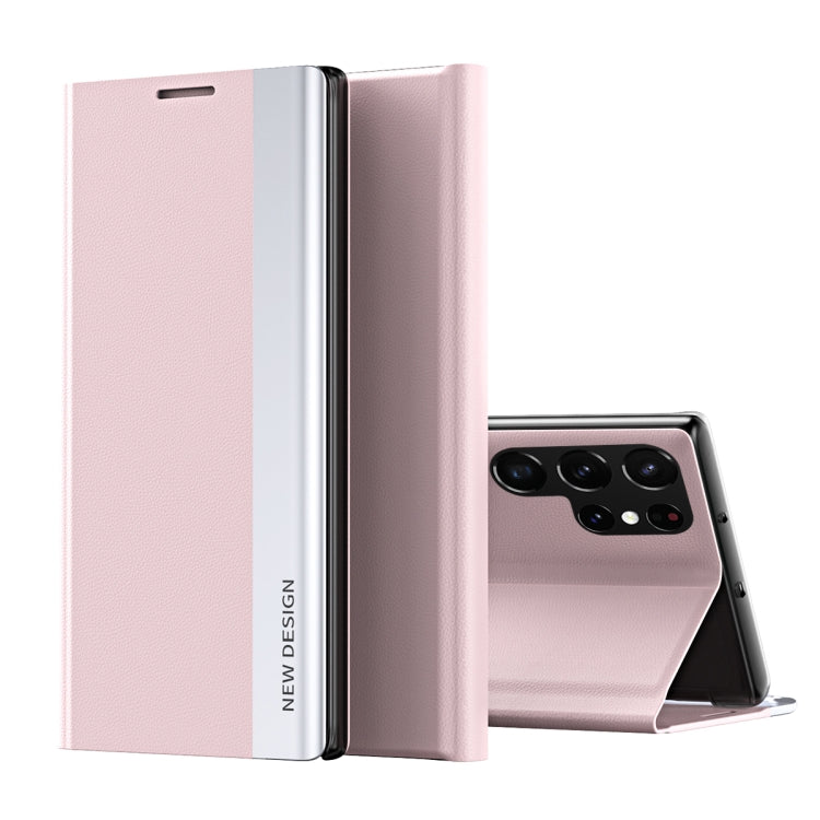 For Samsung Galaxy S22 Ultra 5G Side Electroplated Magnetic Ultra-Thin Horizontal Flip Leather Case with Holder(Pink) - free shipping - PMC TechLife - Order now!