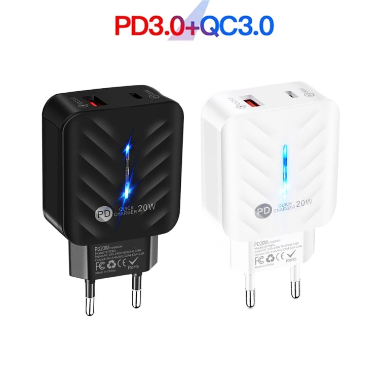 PD03 20W PD3.0 + QC3.0 USB Charger with USB to 8 Pin Data Cable, EU Plug(White) - USB Charger by PMC Jewellery | Online Shopping South Africa | PMC Jewellery | Buy Now Pay Later Mobicred