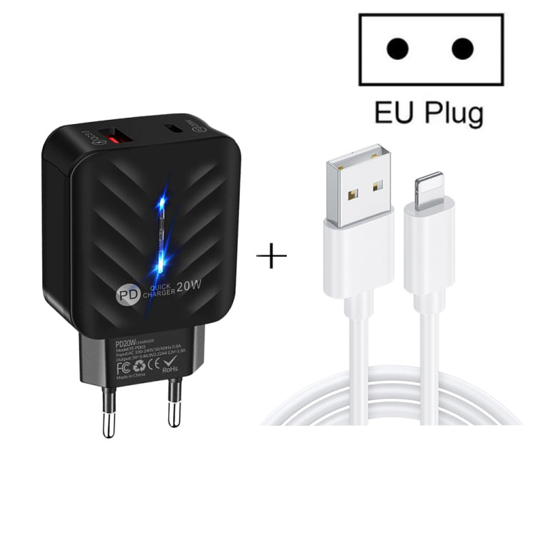 PD03 20W PD3.0 + QC3.0 USB Charger with USB to 8 Pin Data Cable, EU Plug(Black) - USB Charger by PMC Jewellery | Online Shopping South Africa | PMC Jewellery