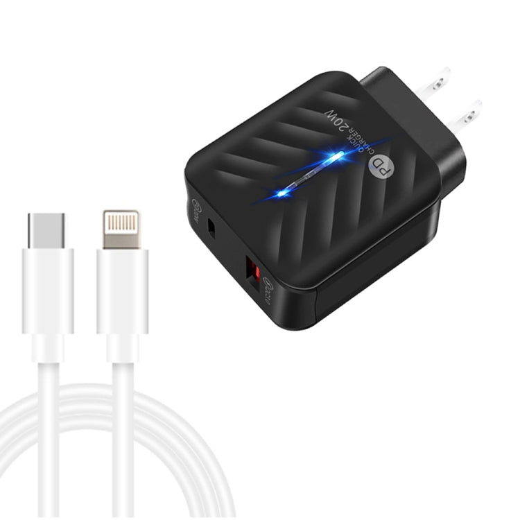 PD03 20W PD3.0 + QC3.0 USB Charger with Type-C to 8 Pin Data Cable, US Plug(Black) - USB Charger by PMC Jewellery | Online Shopping South Africa | PMC Jewellery