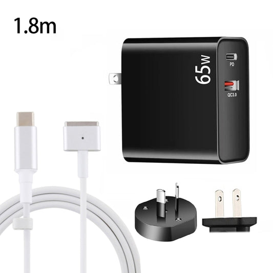 PD-65W USB-C / Type-C + QC3. 0 USB Laptop Charging Adapter + 1.8m USB-C / Type-C to MagSafe 2 / T Head Data Cable, AU Plug / US Plug(Black) - Cable & Adapter by PMC Jewellery | Online Shopping South Africa | PMC Jewellery