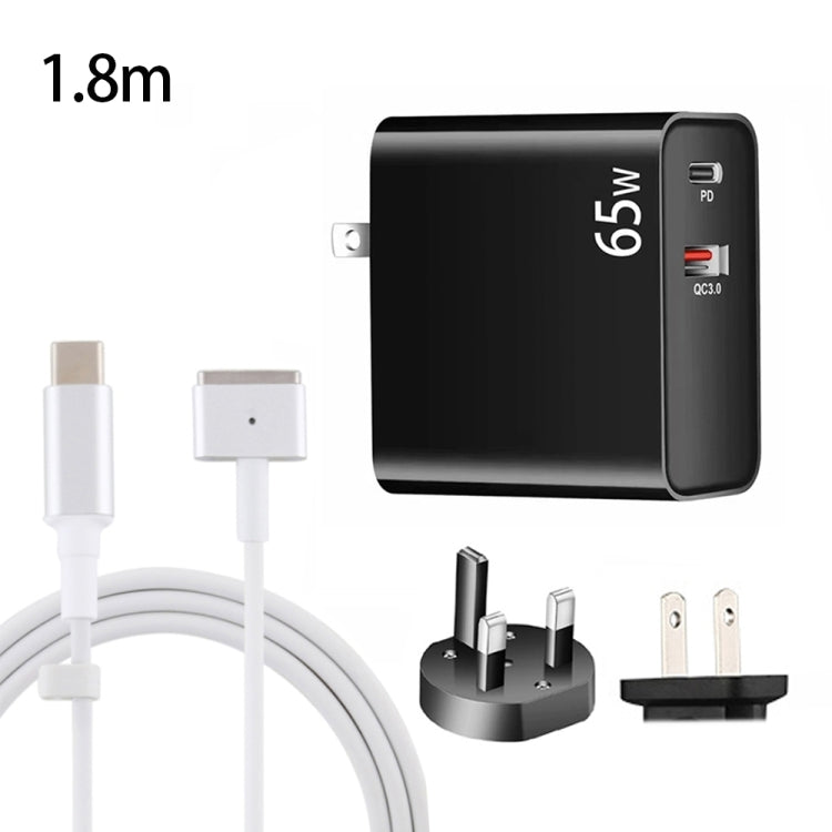 PD-65W USB-C / Type-C + QC3. 0 USB Laptop Charging Adapter + 1.8m USB-C / Type-C to MagSafe 2 / T Head Data Cable, UK Plug / US Plug(Black) - Cable & Adapter by PMC Jewellery | Online Shopping South Africa | PMC Jewellery