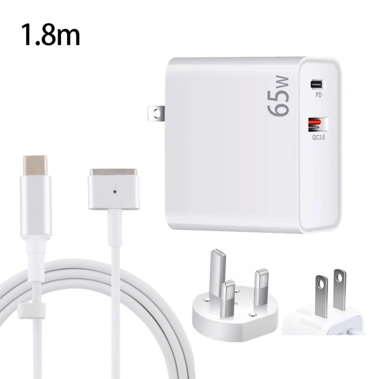 PD-65W USB-C / Type-C + QC3. 0 USB Laptop Charging Adapter + 1.8m USB-C / Type-C to MagSafe 2 / T Head Data Cable, UK Plug / US Plug(White) - Cable & Adapter by PMC TechLife | Online Shopping South Africa | PMC TechLife