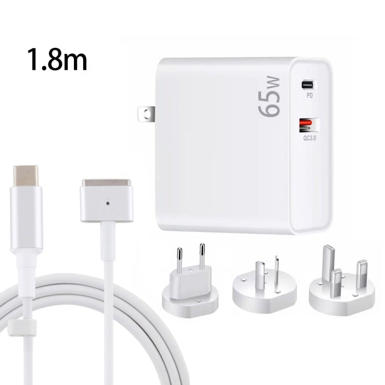 PD-65W USB-C / Type-C + QC3. 0 USB Laptop Charging Adapter + 1.8m USB-C / Type-C to MagSafe 2 / T Head Data Cable,  EU Plug / AU Plug / UK Plug / US Plug(White) - Cable & Adapter by PMC TechLife | Online Shopping South Africa | PMC TechLife