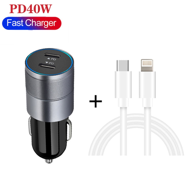 Dual PD 3.0 40W USB-C / Type-C Car Charger with 1m USB-C / Type-C to 8 Pin Data Cable(Grey) - Car Charger by PMC TechLife | Online Shopping South Africa | PMC TechLife