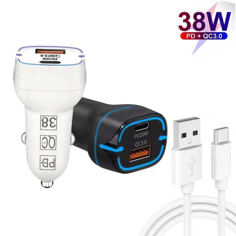 38W PD20W + QC3.0 USB Car Charger with USB to Type-C Data Cable, Length: 1m(Black) - Car Charger by PMC TechLife | Online Shopping South Africa | PMC TechLife