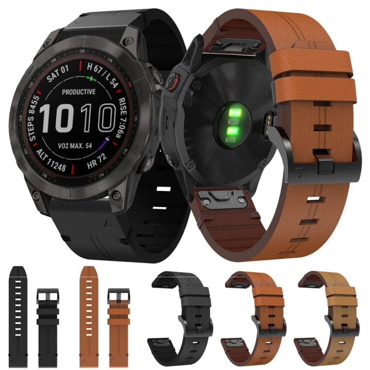For Garmin Fenix 7 Sapphire Solar 22mm Leather Steel Buckle Watch Band (Light Brown) - Smart Wear by PMC TechLife | Online Shopping South Africa | PMC TechLife