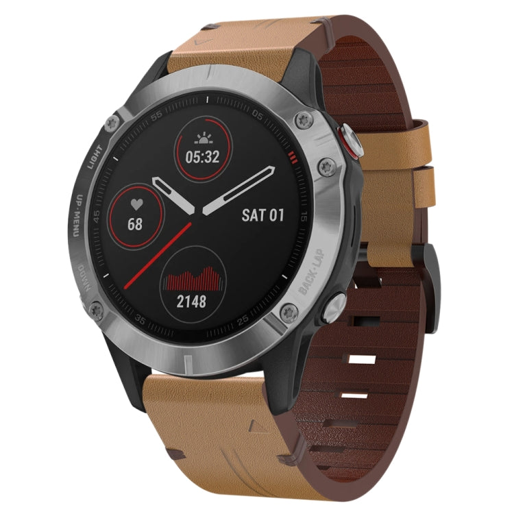 For Garmin Fenix 6 GPS 22mm Leather Steel Buckle Watch Band (Light Brown) - Smart Wear by PMC TechLife | Online Shopping South Africa | PMC TechLife