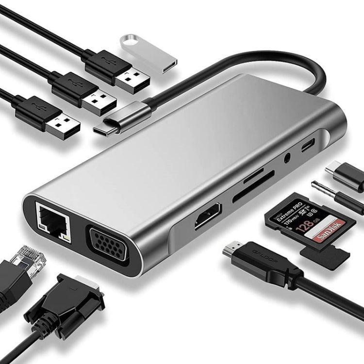 USB C HUB, USB C Adapter 11 in 1 Dongle with 4K HDMI, VGA, Type C PD, USB3.0, RJ45 Ethernet, SD/TF Card Reader, 3.5mm AUX, Docking Station Compatible with MacBook Pro/Air, Other Type C Laptops Devices - Adapter by PMC TechLife | Online Shopping South Africa | PMC TechLife | Buy Now Pay Later Mobicred