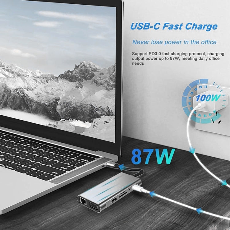USB C HUB, USB C Adapter 11 in 1 Dongle with 4K HDMI, VGA, Type C PD, USB3.0, RJ45 Ethernet, SD/TF Card Reader, 3.5mm AUX, Docking Station Compatible with MacBook Pro/Air, Other Type C Laptops Devices - Adapter by PMC TechLife | Online Shopping South Africa | PMC TechLife | Buy Now Pay Later Mobicred