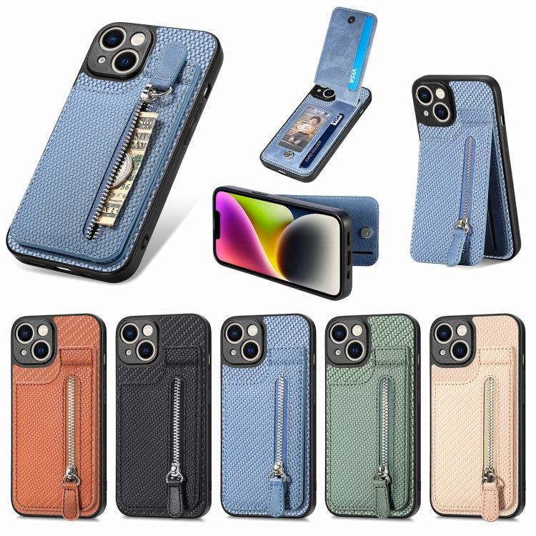 For iPhone 14 Plus Carbon Fiber Vertical Flip Zipper Phone Case(Brown) - iPhone 14 Plus Cases by PMC TechLife | Online Shopping South Africa | PMC TechLife | Buy Now Pay Later Mobicred
