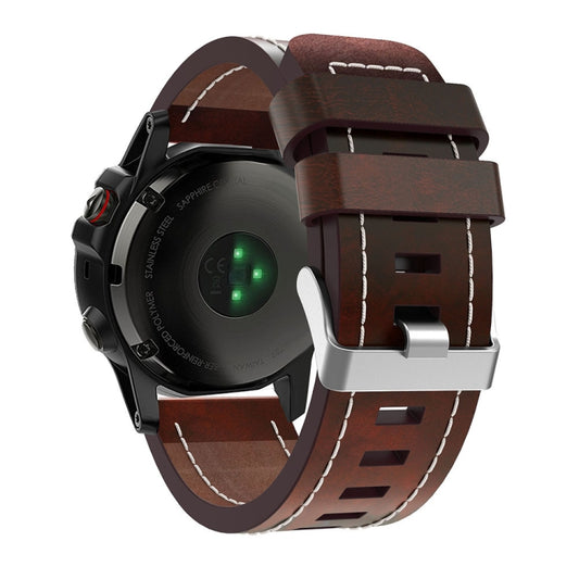 For Garmin Fenix 5X Sapphire 26mm Sewing Leather Steel Buckle Watch Band(Red Brown) - Smart Wear by PMC Jewellery | Online Shopping South Africa | PMC Jewellery