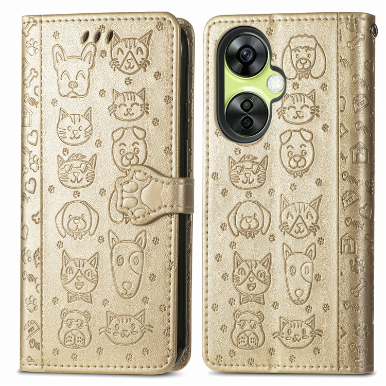 For OnePlus Nord CE 3 Lite Cat and Dog Embossed Leather Phone Case(Gold) - OnePlus Cases by PMC Jewellery | Online Shopping South Africa | PMC Jewellery