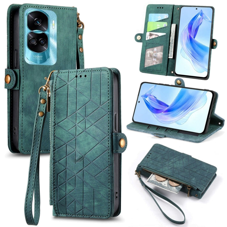 For Honor 90 Lite / X50i Geometric Zipper Wallet Side Buckle Leather Phone Case(Green) - Honor Cases by PMC Jewellery | Online Shopping South Africa | PMC Jewellery