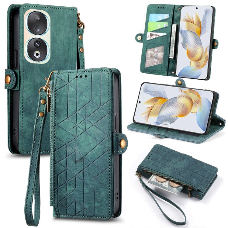 For Honor 90 Geometric Zipper Wallet Side Buckle Leather Phone Case(Green) - Honor Cases by PMC Jewellery | Online Shopping South Africa | PMC Jewellery