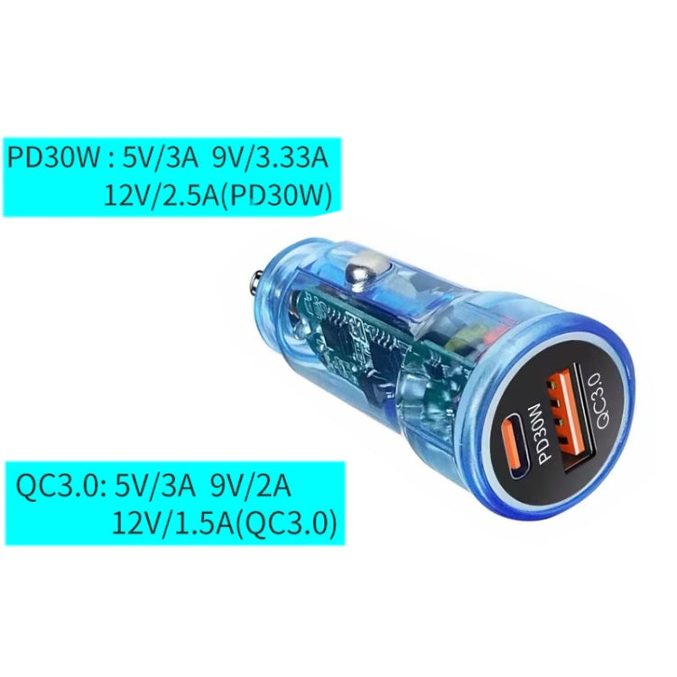 P35 48W PD30W + QC3.0 18W USB Transparent Car Charger with Type-C to 8 Pin Phone Data Cable(Transparent Blue) - Car Charger by PMC TechLife | Online Shopping South Africa | PMC TechLife