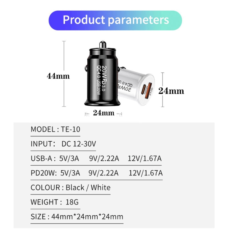 P10 Mini QC4.0 USB / PD20W Car Charger with Type-C to Type-C Fast Charging Data Cable(Black) - Car Charger by PMC Jewellery | Online Shopping South Africa | PMC Jewellery