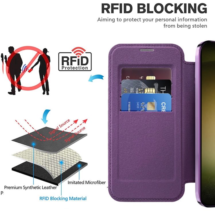 For Samsung Galaxy S23 5G Shield MagSafe RFID Anti-theft Rhombus Leather Phone Case(Purple) - free shipping - PMC TechLife - Order now!