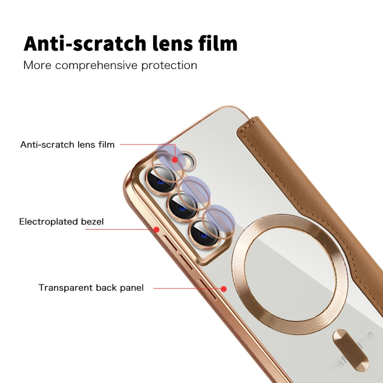 For Samsung Galaxy S23 5G Shield Magsafe RFID Anti-theft Rhombus Leather Phone Case(Brown) - Galaxy S23 5G Cases by PMC TechLife | Online Shopping South Africa | PMC TechLife