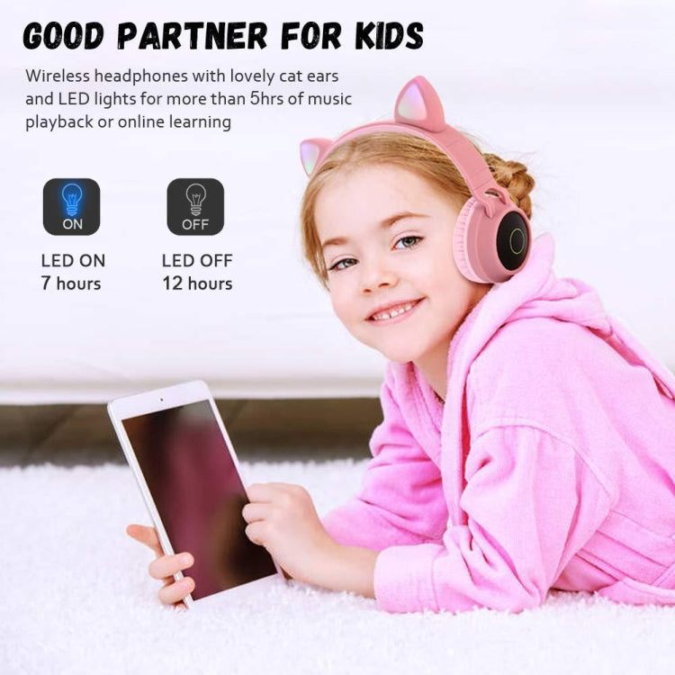BT028C Cute Cat Ear Bluetooth 5.0 Headphones Foldable On-Ear Stereo Wireless Headset Headphone with Mic / LED Light / FM Radio / TF Card(Blue) - Headset & Headphone by PMC TechLife | Online Shopping South Africa | PMC TechLife