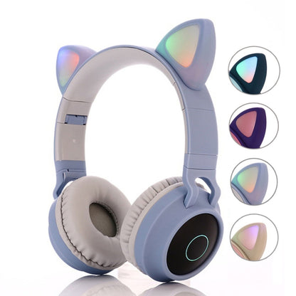 BT028C Cute Cat Ear Bluetooth 5.0 Headphones Foldable On-Ear Stereo Wireless Headset Headphone with Mic / LED Light / FM Radio / TF Card(Blue) - Headset & Headphone by PMC Jewellery | Online Shopping South Africa | PMC Jewellery