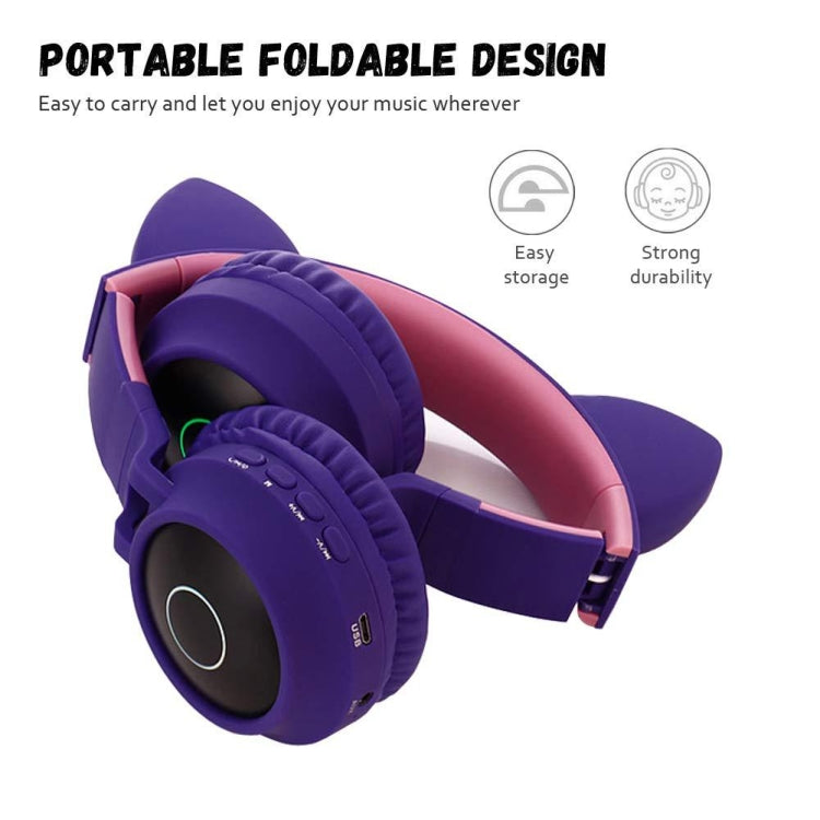 BT028C Cute Cat Ear Bluetooth 5.0 Headphones Foldable On-Ear Stereo Wireless Headset Headphone with Mic / LED Light / FM Radio / TF Card(Blue) - Headset & Headphone by PMC TechLife | Online Shopping South Africa | PMC TechLife