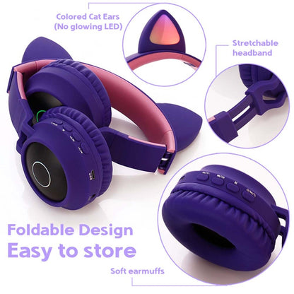 BT028C Cute Cat Ear Bluetooth 5.0 Headphones Foldable On-Ear Stereo Wireless Headset Headphone with Mic / LED Light / FM Radio / TF Card(Purple) - Headset & Headphone by PMC Jewellery | Online Shopping South Africa | PMC Jewellery