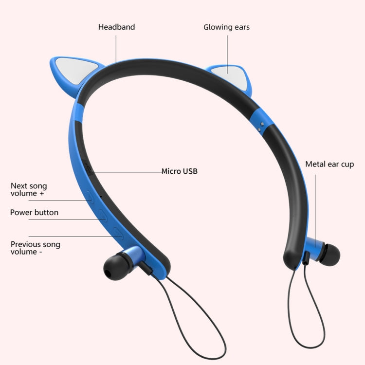ZW29 Cat Ear Stereo Sound HIFI Fashion Outdoor Portable Sports Wireless  Bluetooth Headset with Mic & LED Light Glowing(Blue) - Neck-mounted Earphone by PMC TechLife | Online Shopping South Africa | PMC TechLife