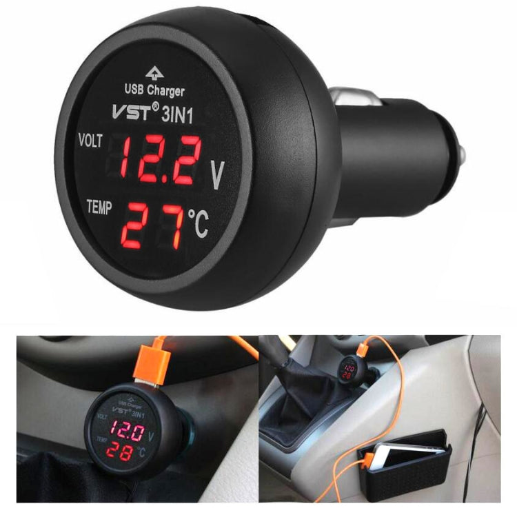 3 In 1 Car USB Charger Car Cigarette Lighter With Voltage Detection Display Multi-function Monitoring Table(Red) - Car Charger by PMC Jewellery | Online Shopping South Africa | PMC Jewellery