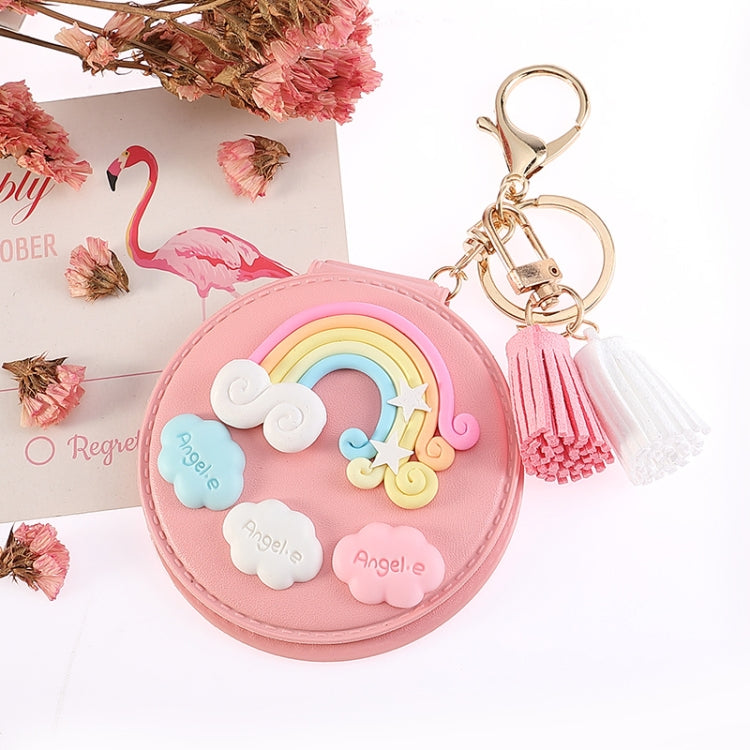 PU Leather Double-sided Folding Mirror Rainbow Tassel Makeup Mirror Keychain(Pink) - Mirror by PMC Jewellery | Online Shopping South Africa | PMC Jewellery