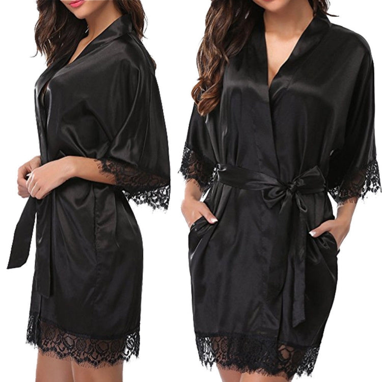 Half Sleeve Robe Women Faux Silk Pajama Sexy Night Dress, Size:XL(Black) - Pajamas & Bathrobe by PMC Jewellery | Online Shopping South Africa | PMC Jewellery