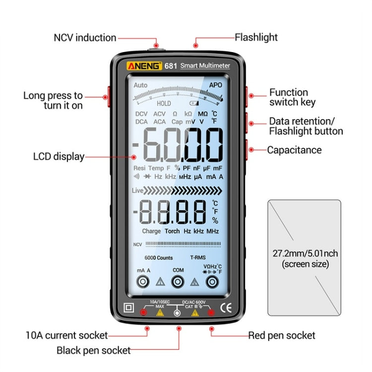 ANENG 681 LCD Digital Display Screen Smart Automatic Range Rechargeable Multimeter(Black) - free shipping - PMC TechLife - Order now!