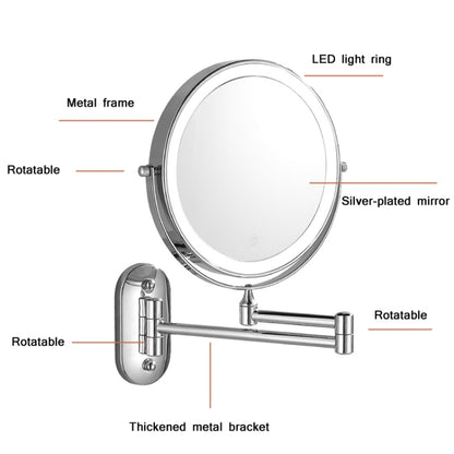 8 Inch Wall-Mounted Double-Sided Makeup Mirror LED Three-Tone Light Bathroom Mirror, Colour:Battery Models Matte Nickel Color(Seven Times Magnification) - Mirror by PMC Jewellery | Online Shopping South Africa | PMC Jewellery