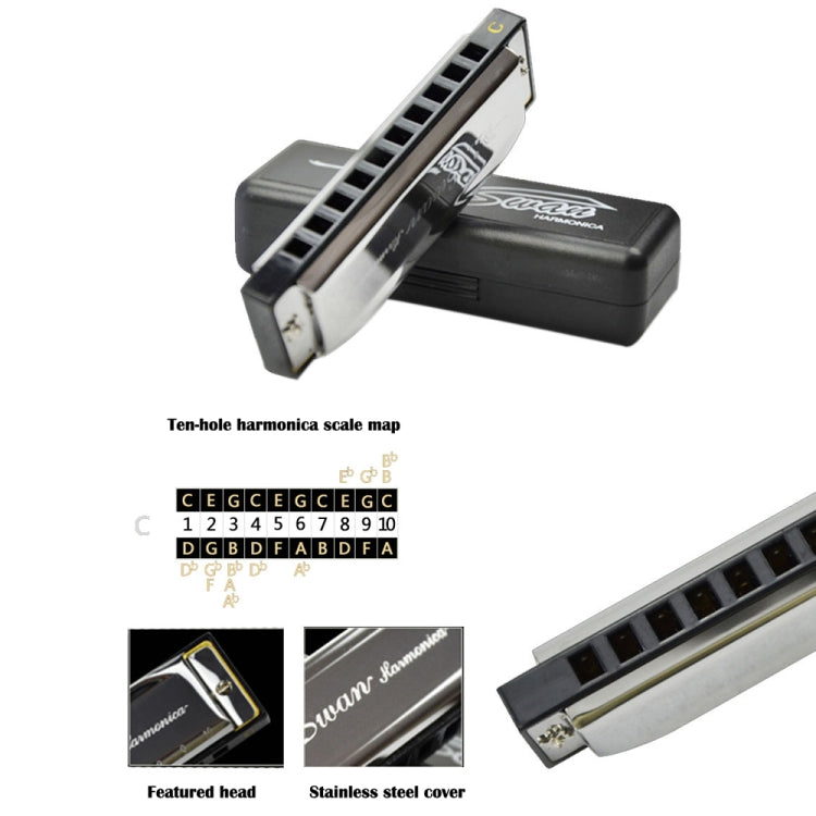 Swan 10 Holes Full-scale Bruce Harmonica Beginner Children Adult Students Playing Musical Instruments - Wind Instruments by PMC Jewellery | Online Shopping South Africa | PMC Jewellery