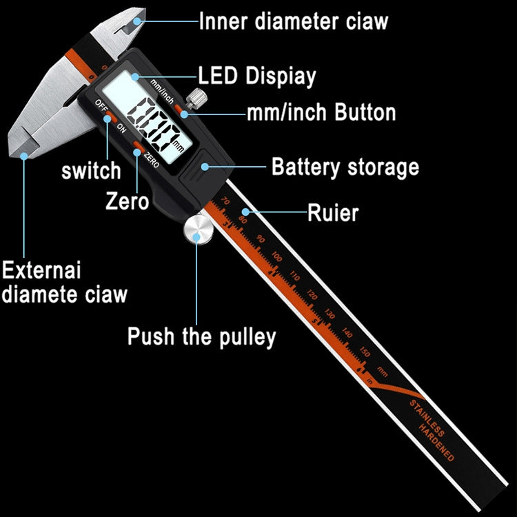 0-150mm Plastic Meter Stainless Steel Body Digital Display Electronic High-Precision Vernier Caliper, Specification: 2 Units of mm/inch - Measuring Tools by PMC TechLife | Online Shopping South Africa | PMC TechLife
