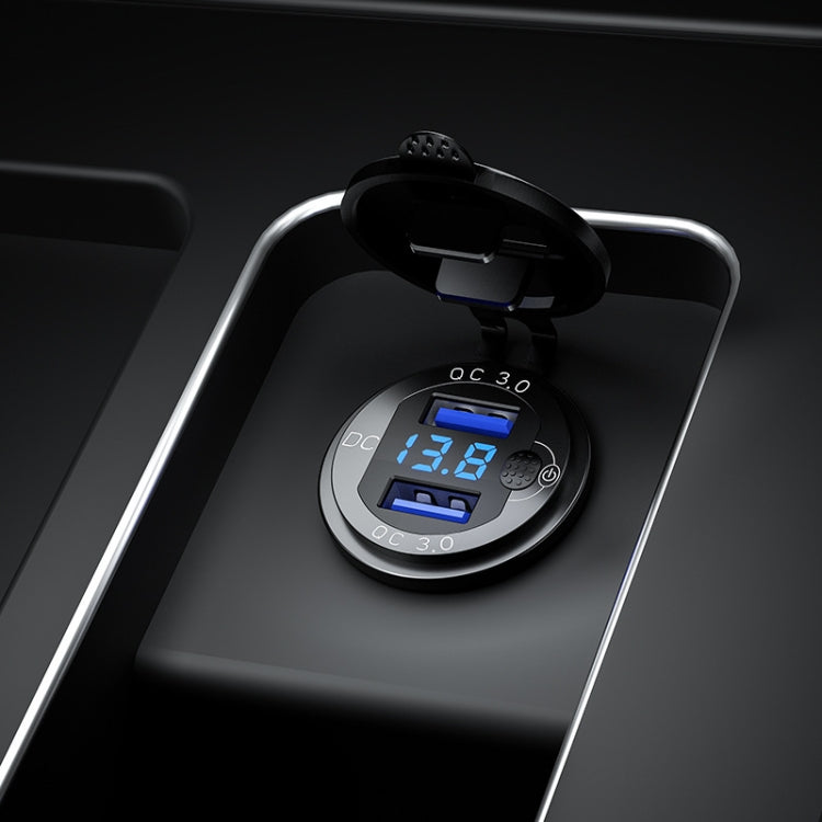 Aluminum Alloy Double QC3.0 Fast Charge With Button Switch Car USB Charger Waterproof Car Charger Specification: Black Shell Blue Light With Terminal - DIY Modified Charger by PMC TechLife | Online Shopping South Africa | PMC TechLife