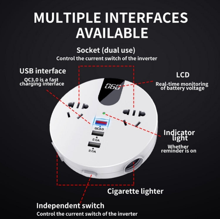 QC3.0 Car 12V 24V To 110V 220V Multi-function Inverter(White Round) - DIY Modified Charger by PMC TechLife | Online Shopping South Africa | PMC TechLife