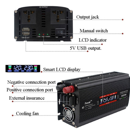 3000W LCD Smart Home Car Inverter 12V To 220V Power Converter - Modified Square Wave by PMC Jewellery | Online Shopping South Africa | PMC Jewellery