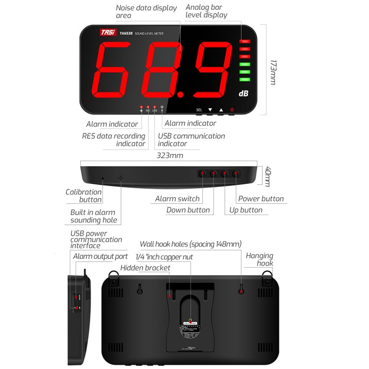 TASI TA653B Large-Screen Noise Meter Wall-Mounted Decibel Meter - Light & Sound Meter by TASI | Online Shopping South Africa | PMC Jewellery