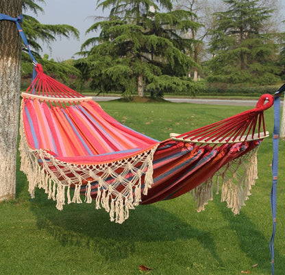 200x150cm Double Outdoor Camping Tassel Canvas Hammock with Stick(Pink Stripes) - Hammocks by PMC Jewellery | Online Shopping South Africa | PMC Jewellery