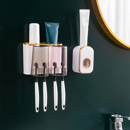 Bathroom Wall-mounted Punch-free Wash Cup Toothbrush Rack Squeeze Toothpaste Set Two Golden(With Squeezer) - Shelves by PMC Jewellery | Online Shopping South Africa | PMC Jewellery