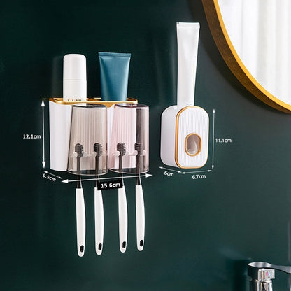Bathroom Wall-mounted Punch-free Wash Cup Toothbrush Rack Squeeze Toothpaste Set Two Golden(With Squeezer) - Shelves by PMC Jewellery | Online Shopping South Africa | PMC Jewellery