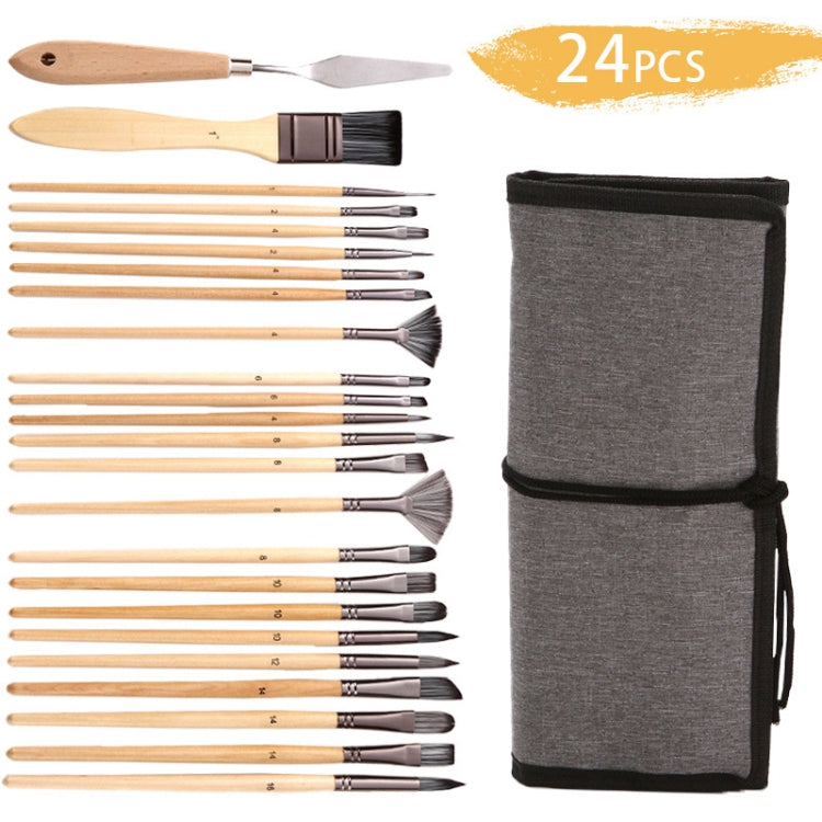 24 In 1 Nylon Wool Brush Canvas Storage Bag Set Oil Painting Gouache Watercolor Brush(Wooden Brushesx24+Storage Bag) - Art Supplies by PMC Jewellery | Online Shopping South Africa | PMC Jewellery