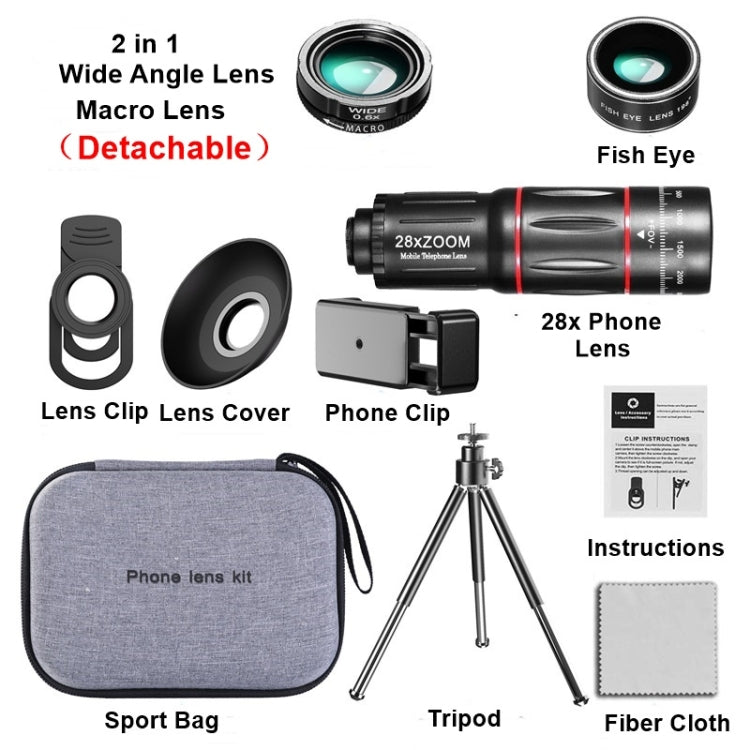 Mobile Phone Universal Lens Telescope 28X + Wide Angle 0.6X + Macro 20X + Fisheye 198 Degree Set - Combination Lens by PMC TechLife | Online Shopping South Africa | PMC TechLife