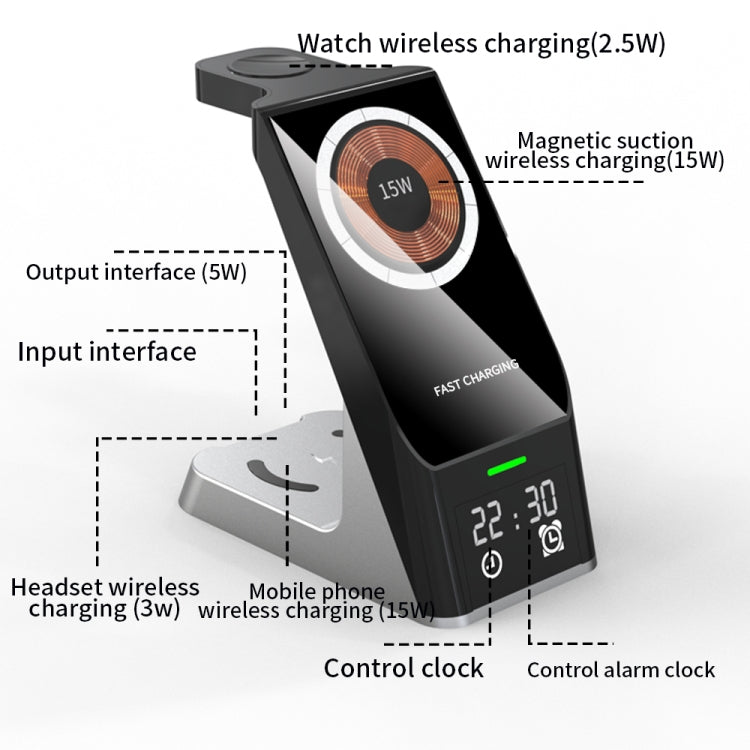 H27 15W  6 In 1 With Clock Function Magnetic Phone Wireless Charger For iWatch/AirPods(Black) -  by PMC TechLife | Online Shopping South Africa | PMC TechLife