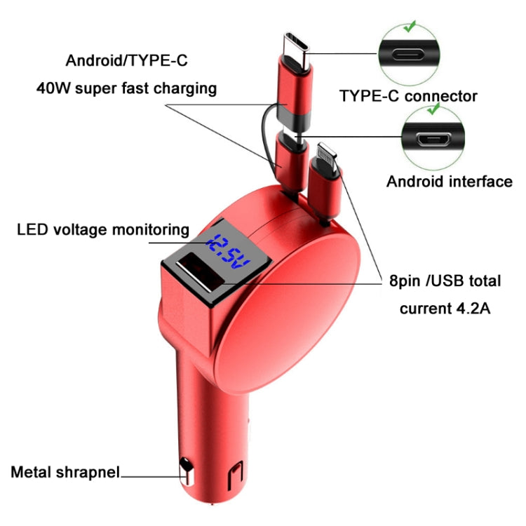 3 In 1 60W Fast Charging Dual Cable Retractable Car Charger(Red) - Car Charger by PMC Jewellery | Online Shopping South Africa | PMC Jewellery