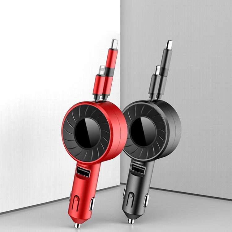 3 In 1 USB Dual Cable Single Pull Retractable Car Charger(Black) - Car Charger by PMC TechLife | Online Shopping South Africa | PMC TechLife