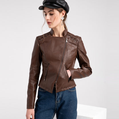 Women Short Leather Jacket Slim Jacket Motorcycle Suit, Size: XXXL(Coffee) - Jacket & Loose Coat by PMC Jewellery | Online Shopping South Africa | PMC Jewellery