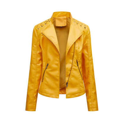 Women Short Leather Jacket Slim Jacket Motorcycle Suit, Size: L(Lemon Yellow) - Jacket & Loose Coat by PMC Jewellery | Online Shopping South Africa | PMC Jewellery