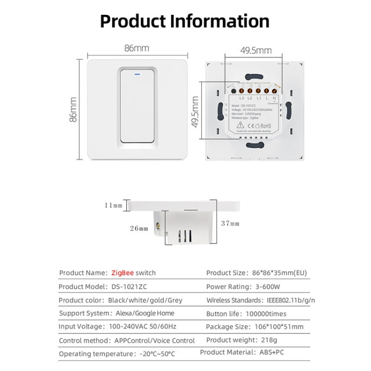 Tuya ZigBee Smart Single-fire Zero-fire Sharing Switch Phone Control Voice Panel EU Plug, Spec: 1 Button - Smart Switch by PMC Jewellery | Online Shopping South Africa | PMC Jewellery